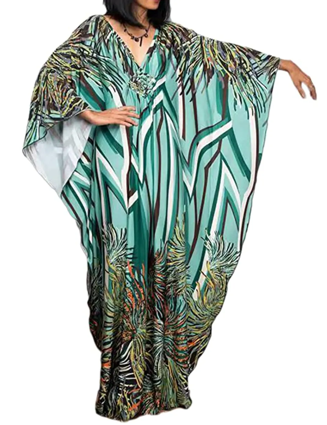 FloralPrint Plus Size Caftan with Batwing Sleeve