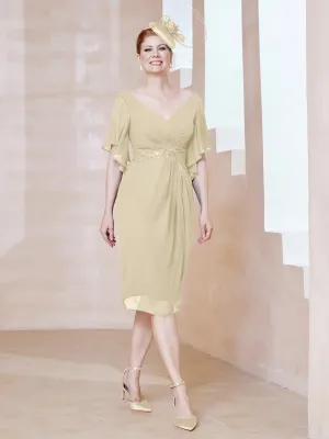 Flutter Sleeves V-neck Sequins Applique Decor Dress Champagne
