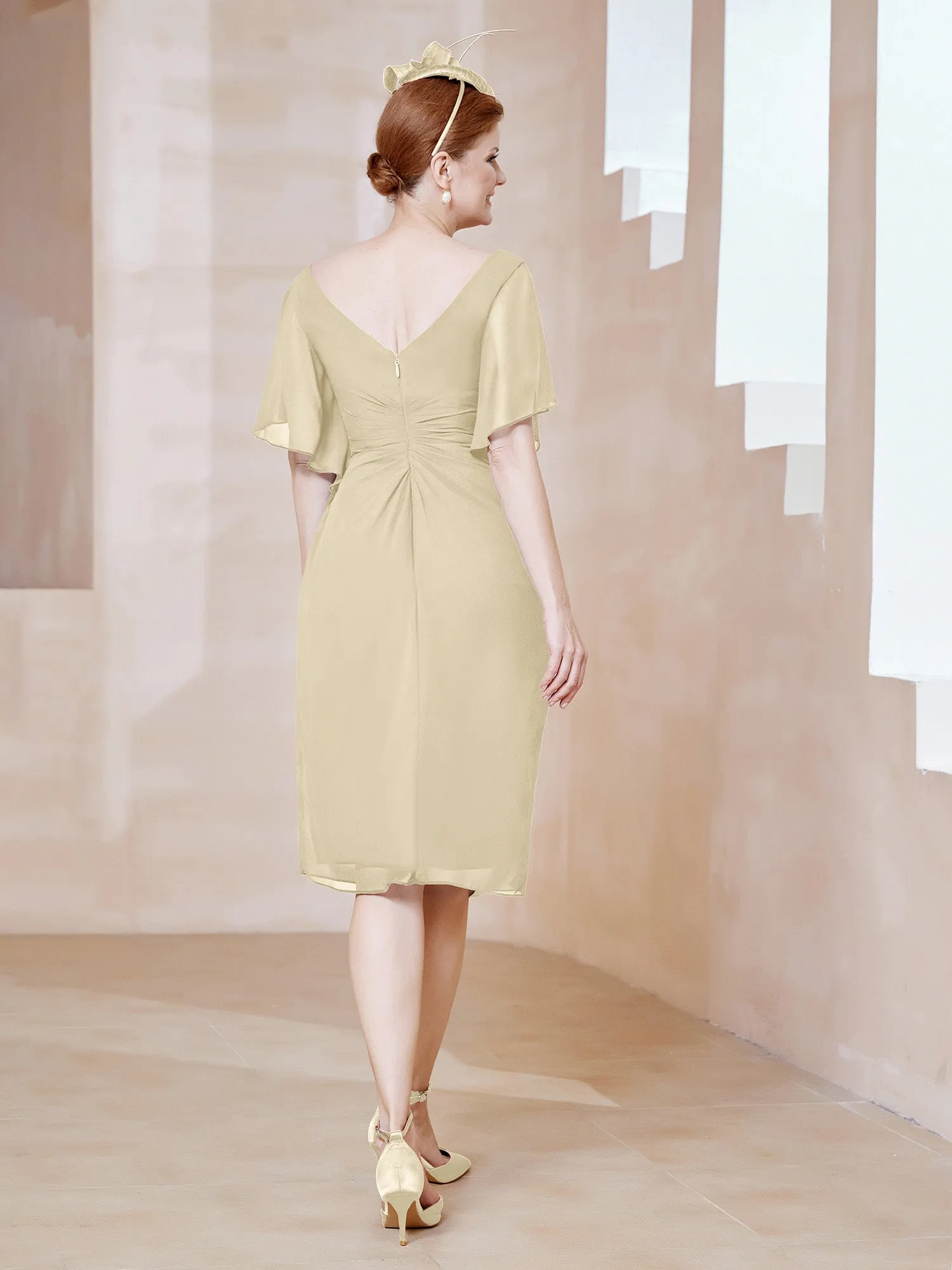 Flutter Sleeves V-neck Sequins Applique Decor Dress Champagne