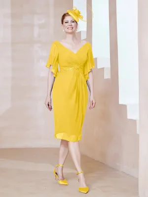 Flutter Sleeves V-neck Sequins Applique Decor Dress Marigold