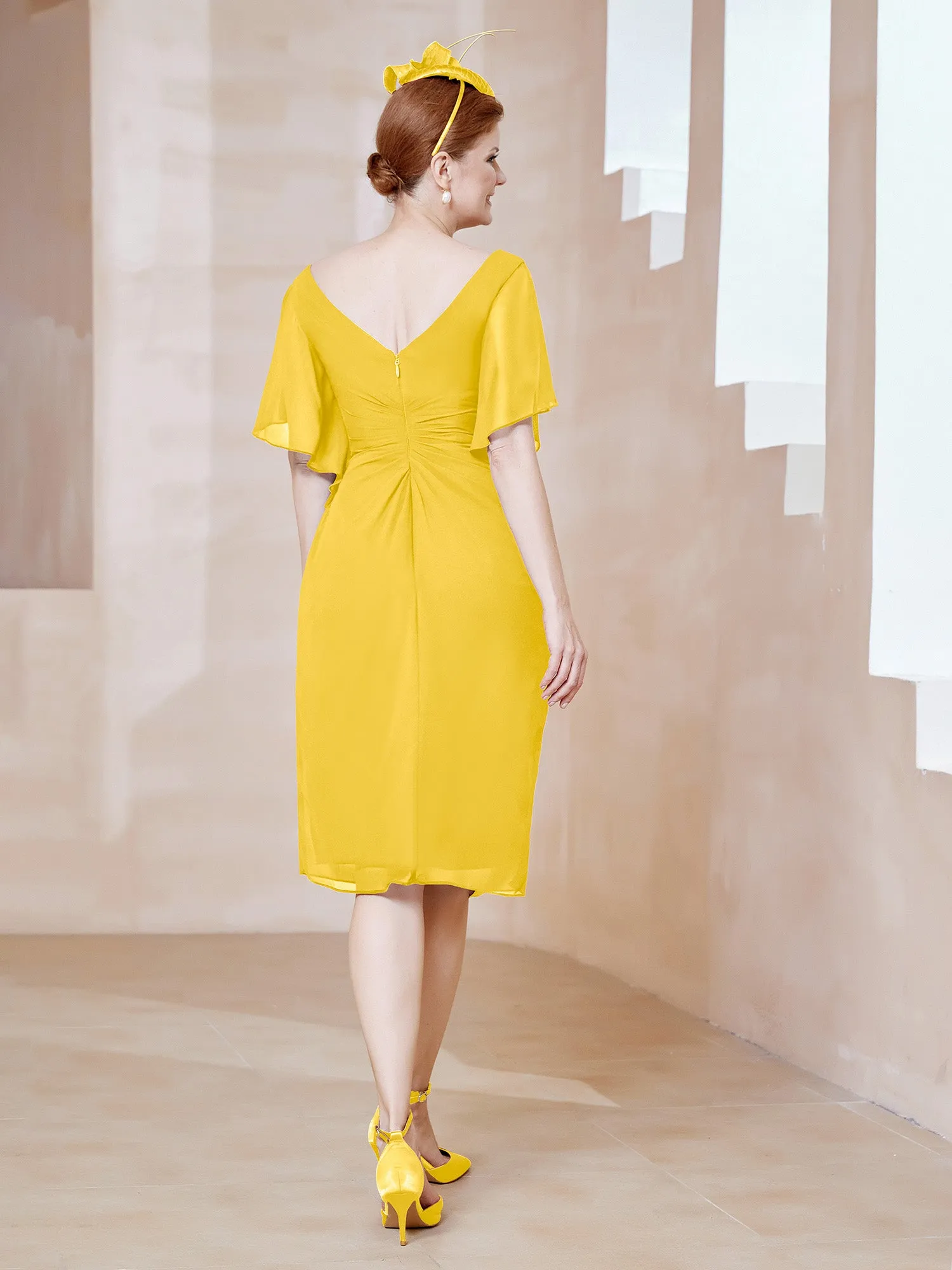 Flutter Sleeves V-neck Sequins Applique Decor Dress Marigold