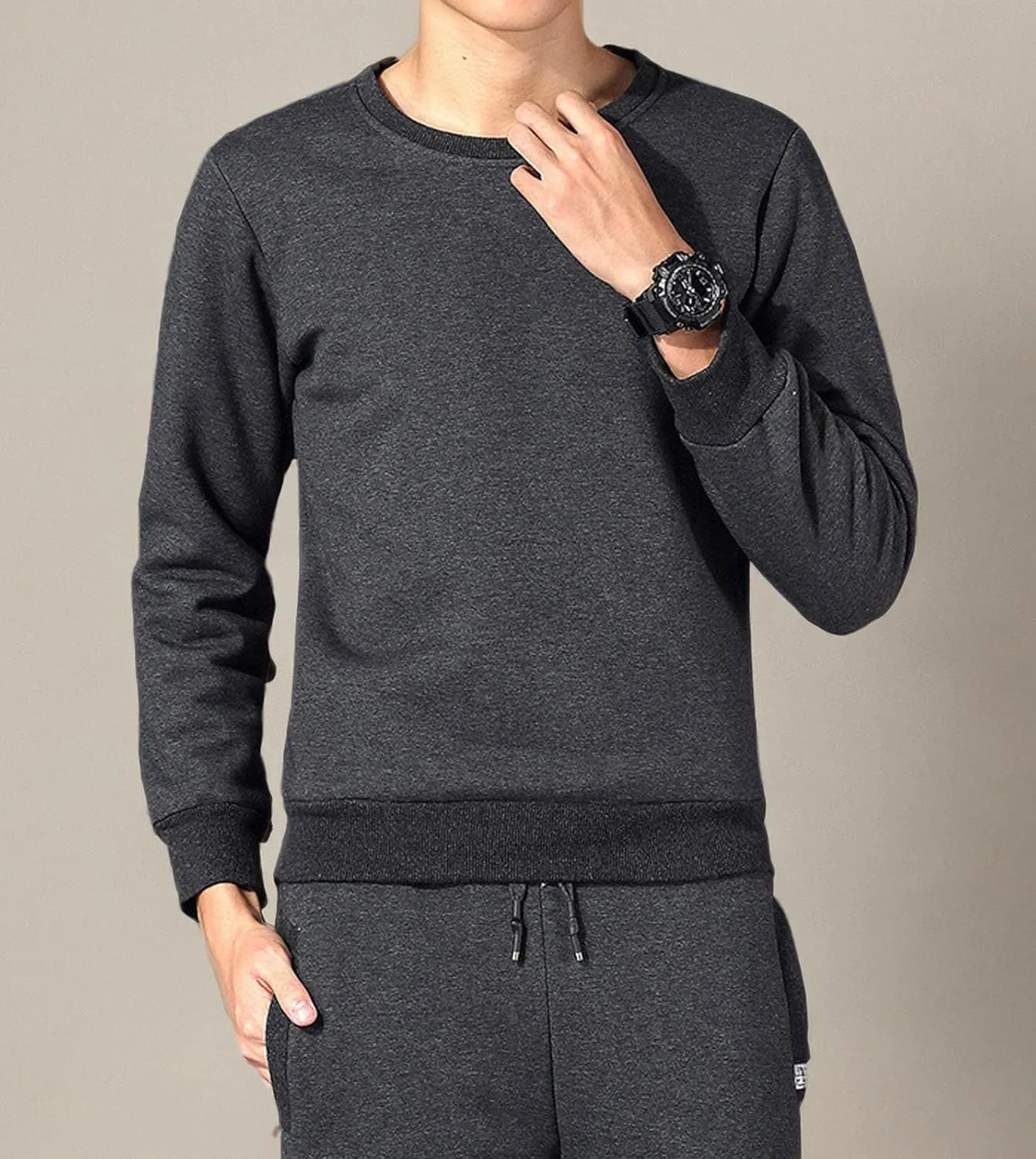 Flygo Men's Warm Sherpa Lined Crewneck Sweatshirts Fleece Pullover Tops Heavy-weight Thick Thermal Cotton Sweat-Shirts
