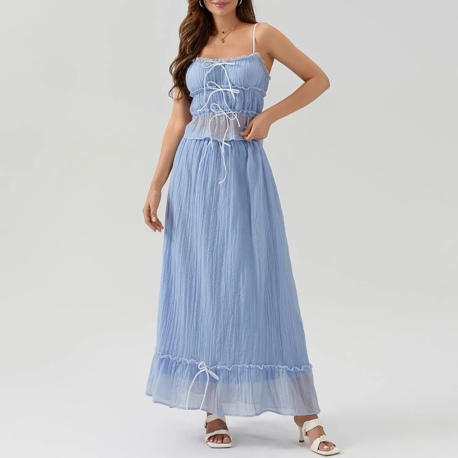 FOMOYUU Women 2 Piece Ruffle Maxi Skirt Set Y2K Patchwork Front Tie-Up Set Trendy Spaghetti Strap Tank Tops Beachwear