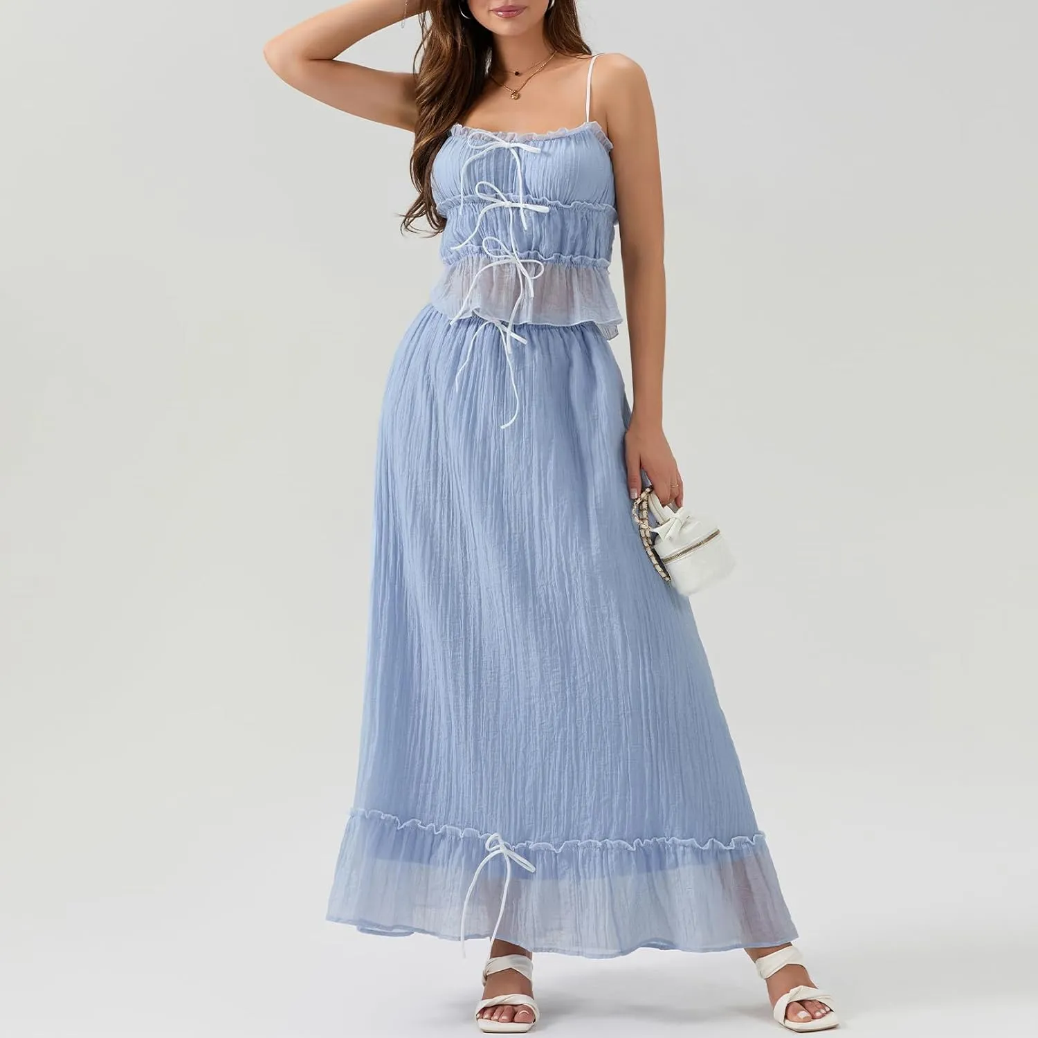 FOMOYUU Women 2 Piece Ruffle Maxi Skirt Set Y2K Patchwork Front Tie-Up Set Trendy Spaghetti Strap Tank Tops Beachwear
