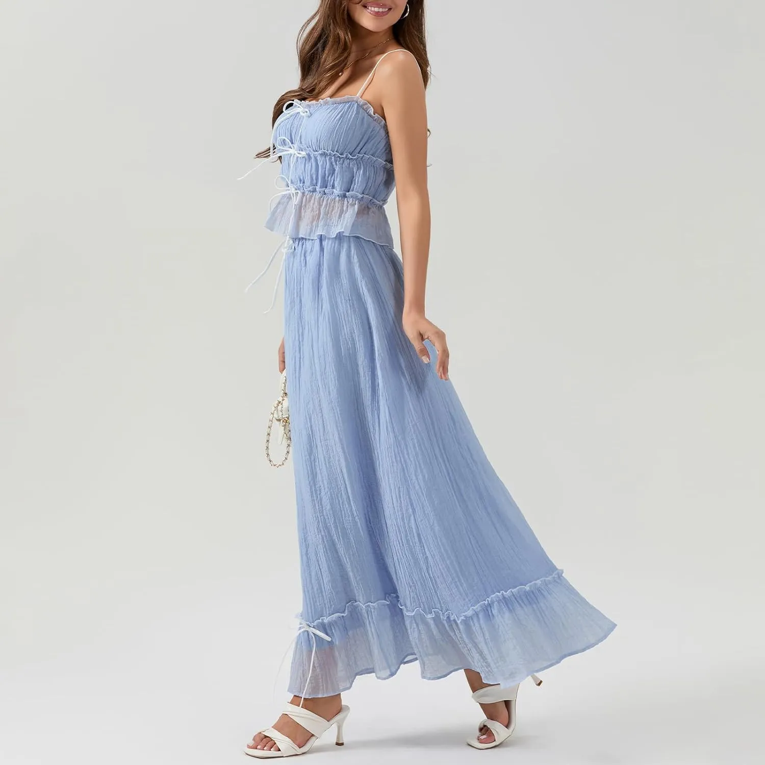 FOMOYUU Women 2 Piece Ruffle Maxi Skirt Set Y2K Patchwork Front Tie-Up Set Trendy Spaghetti Strap Tank Tops Beachwear