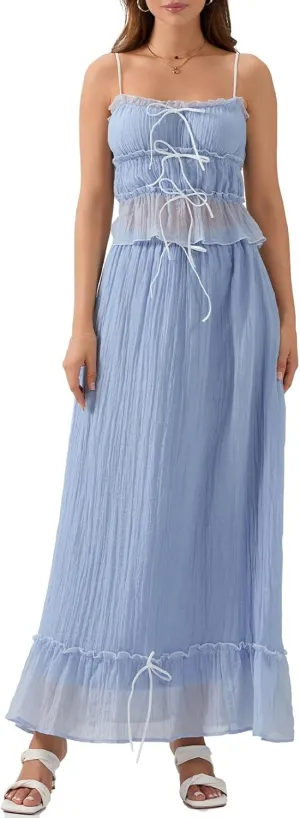 FOMOYUU Women 2 Piece Ruffle Maxi Skirt Set Y2K Patchwork Front Tie-Up Set Trendy Spaghetti Strap Tank Tops Beachwear