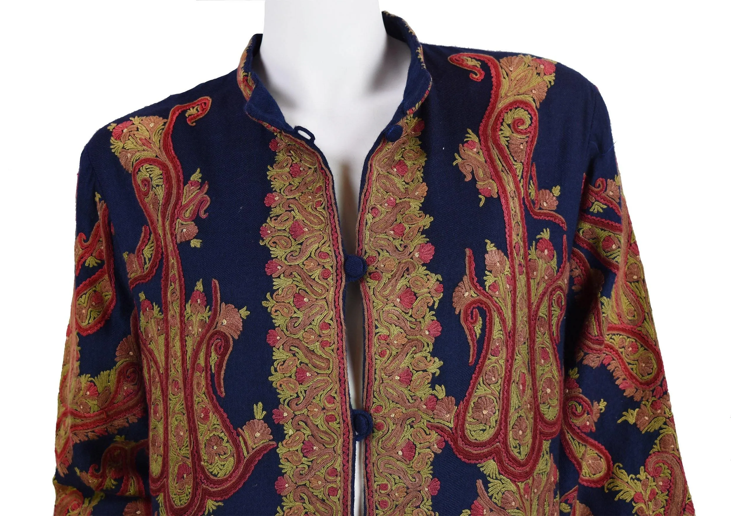 Galene Paisley Cashmere Jacket Dinner Navy Blue Evening Dress Coat Hand Embroidered Kashmir