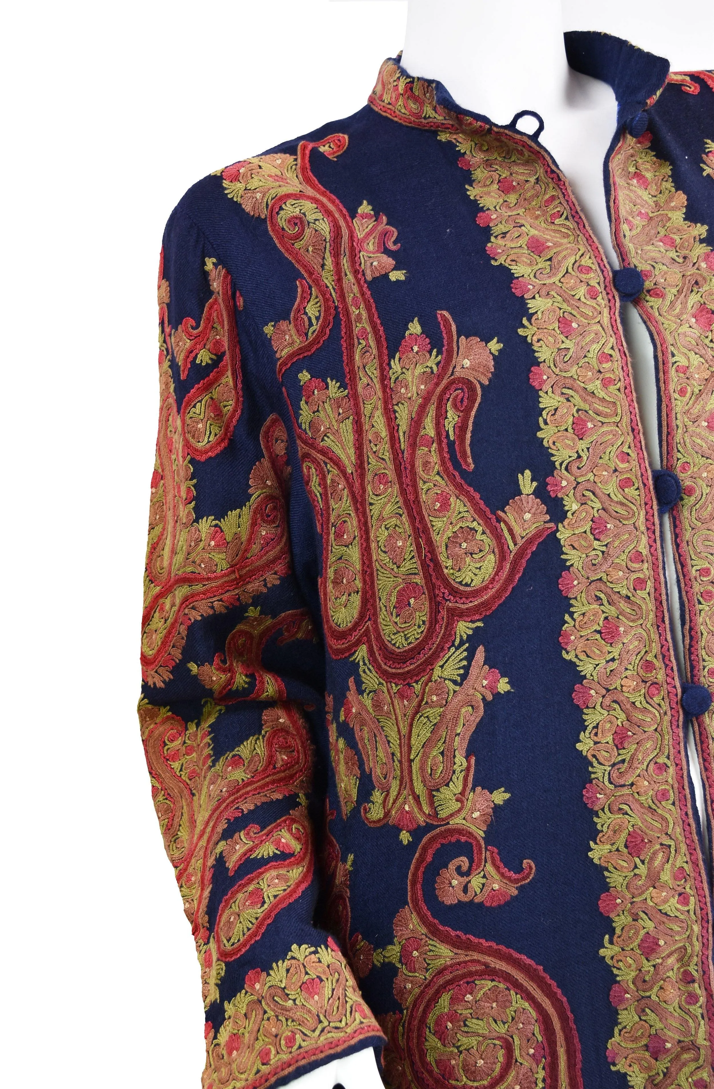 Galene Paisley Cashmere Jacket Dinner Navy Blue Evening Dress Coat Hand Embroidered Kashmir