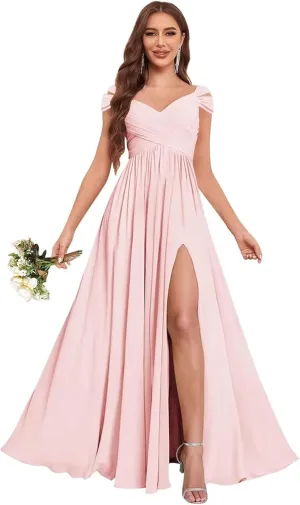 GDJDIFK Off Shoulder Bridesmaid Dresses Long-Ruched Chiffon Formal Evening Gown with Pockets Flowy A-Line Wedding Guest Dress