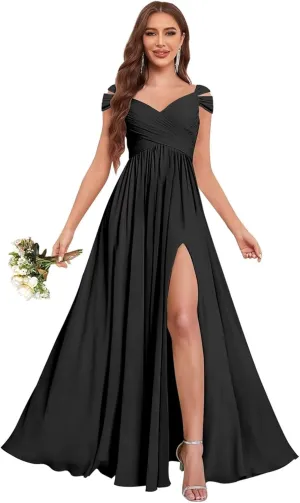 GDJDIFK Off Shoulder Bridesmaid Dresses Long-Ruched Chiffon Formal Evening Gown with Pockets Flowy A-Line Wedding Guest Dress