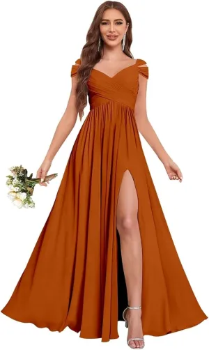 GDJDIFK Off Shoulder Bridesmaid Dresses Long-Ruched Chiffon Formal Evening Gown with Pockets Flowy A-Line Wedding Guest Dress