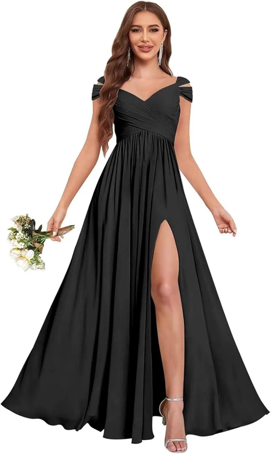 GDJDIFK Off Shoulder Bridesmaid Dresses Long-Ruched Chiffon Formal Evening Gown with Pockets Flowy A-Line Wedding Guest Dress