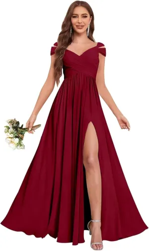 GDJDIFK Off Shoulder Bridesmaid Dresses Long-Ruched Chiffon Formal Evening Gown with Pockets Flowy A-Line Wedding Guest Dress