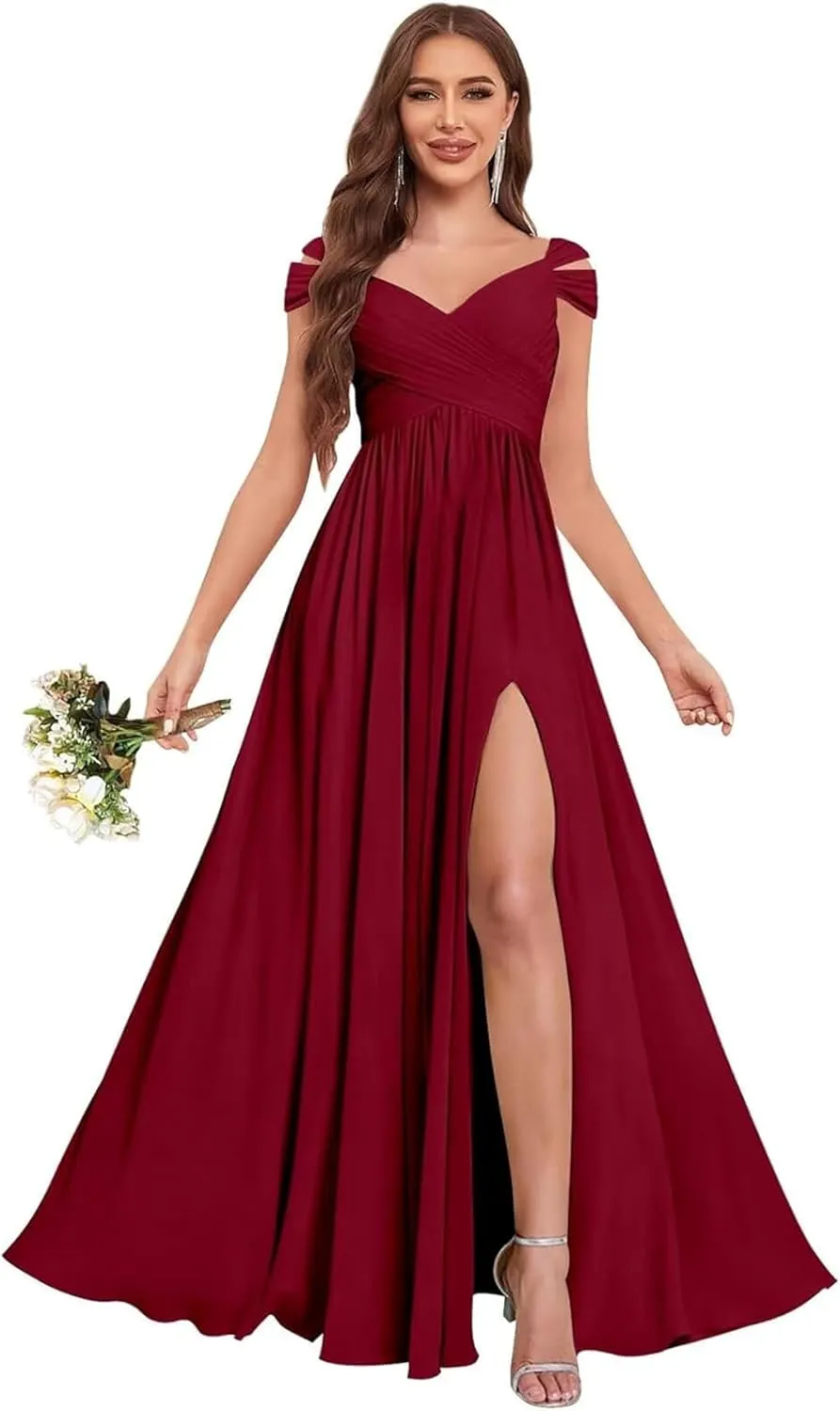 GDJDIFK Off Shoulder Bridesmaid Dresses Long-Ruched Chiffon Formal Evening Gown with Pockets Flowy A-Line Wedding Guest Dress