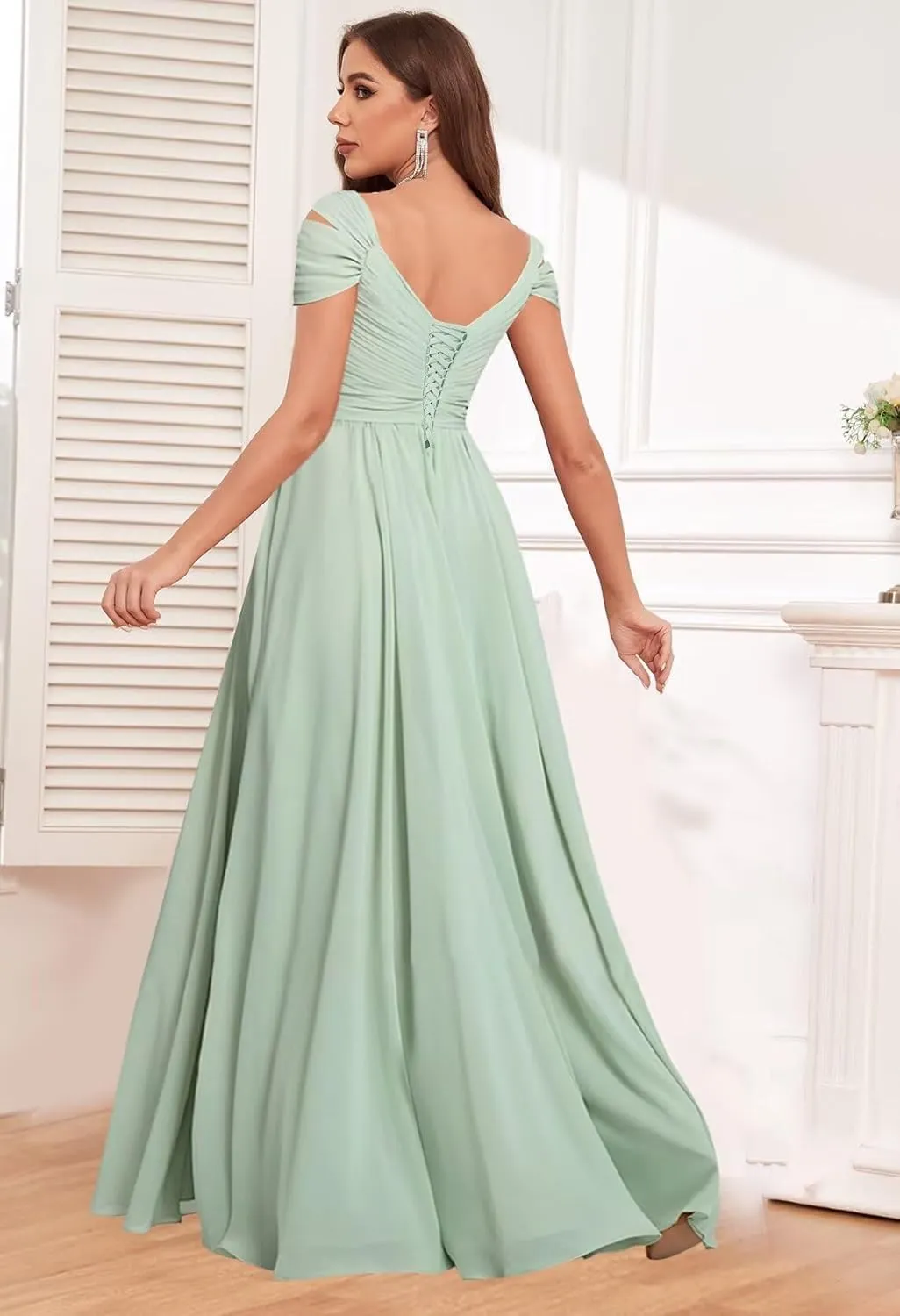 GDJDIFK Off Shoulder Bridesmaid Dresses Long-Ruched Chiffon Formal Evening Gown with Pockets Flowy A-Line Wedding Guest Dress