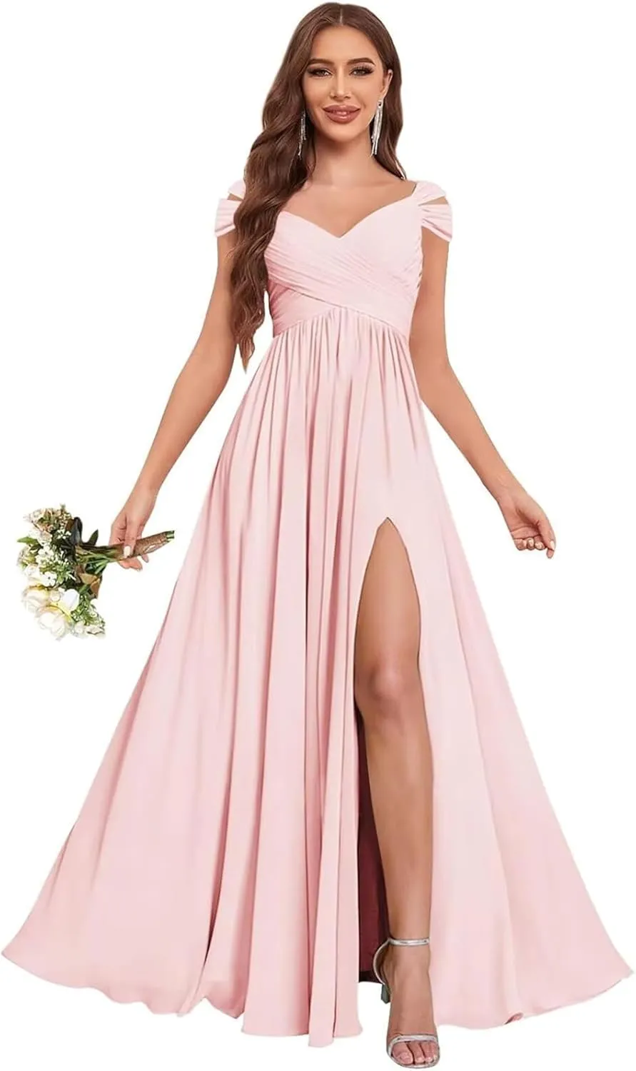 GDJDIFK Off Shoulder Bridesmaid Dresses Long-Ruched Chiffon Formal Evening Gown with Pockets Flowy A-Line Wedding Guest Dress