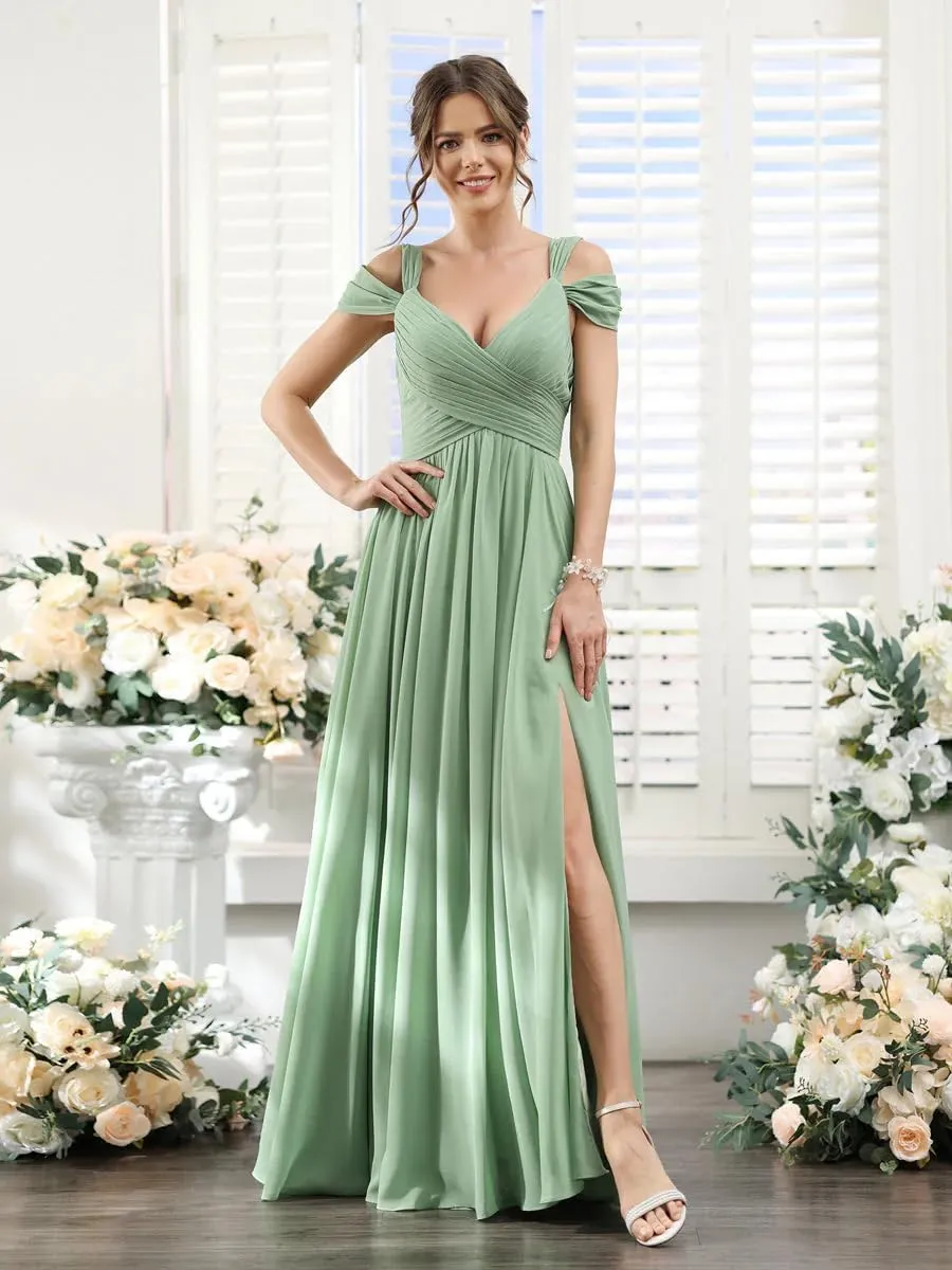 GDJDIFK Off Shoulder Bridesmaid Dresses Long-Ruched Chiffon Formal Evening Gown with Pockets Flowy A-Line Wedding Guest Dress