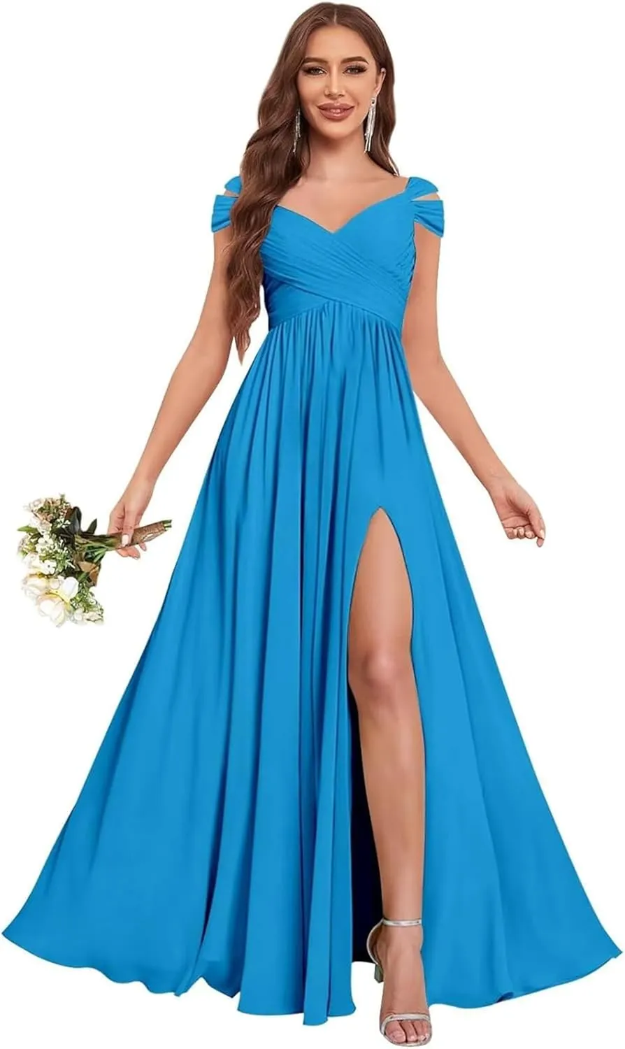 GDJDIFK Off Shoulder Bridesmaid Dresses Long-Ruched Chiffon Formal Evening Gown with Pockets Flowy A-Line Wedding Guest Dress