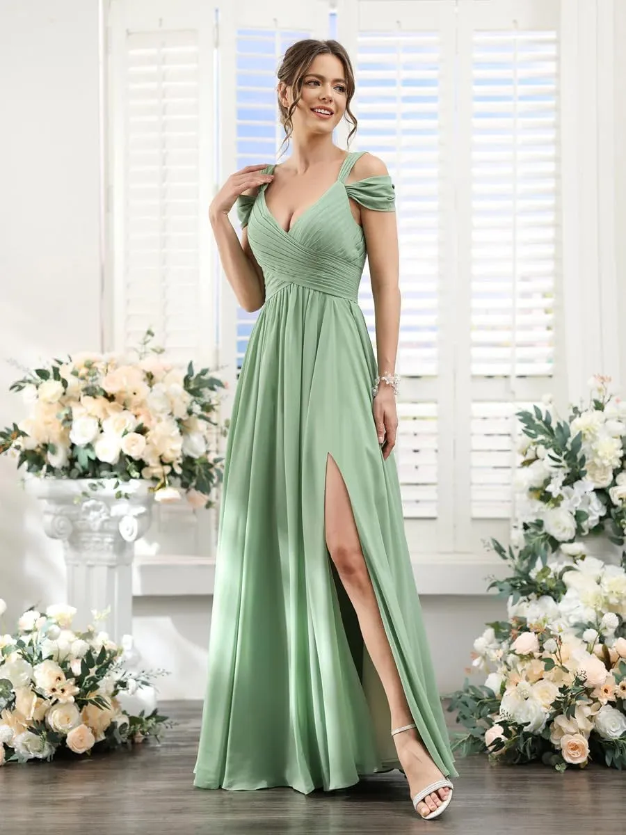 GDJDIFK Off Shoulder Bridesmaid Dresses Long-Ruched Chiffon Formal Evening Gown with Pockets Flowy A-Line Wedding Guest Dress