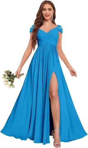 GDJDIFK Off Shoulder Bridesmaid Dresses Long-Ruched Chiffon Formal Evening Gown with Pockets Flowy A-Line Wedding Guest Dress