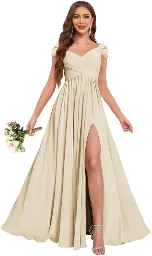 GDJDIFK Off Shoulder Bridesmaid Dresses Long-Ruched Chiffon Formal Evening Gown with Pockets Flowy A-Line Wedding Guest Dress