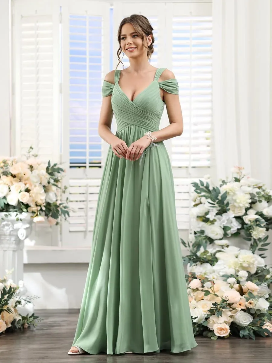 GDJDIFK Off Shoulder Bridesmaid Dresses Long-Ruched Chiffon Formal Evening Gown with Pockets Flowy A-Line Wedding Guest Dress