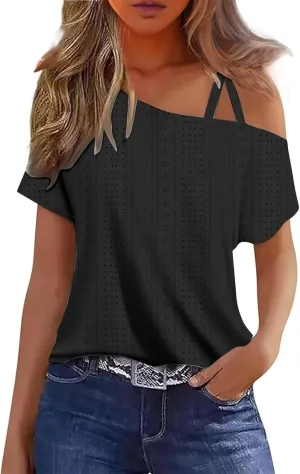 Generic 2024 Criss-Cross One Shoulder Tops Womens Sexy Cold Shoulder Shirts Casual Short Sleeve Tees Summer Vacation Blouses