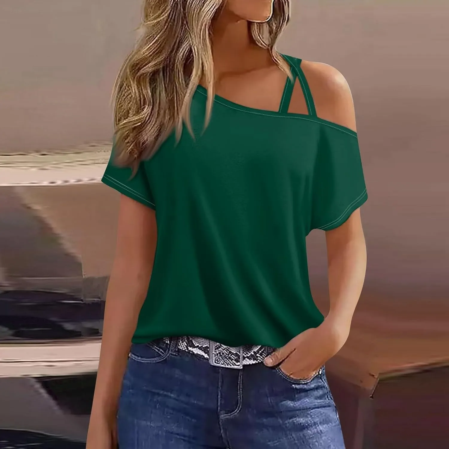 Generic 2024 Criss-Cross One Shoulder Tops Womens Sexy Cold Shoulder Shirts Casual Short Sleeve Tees Summer Vacation Blouses