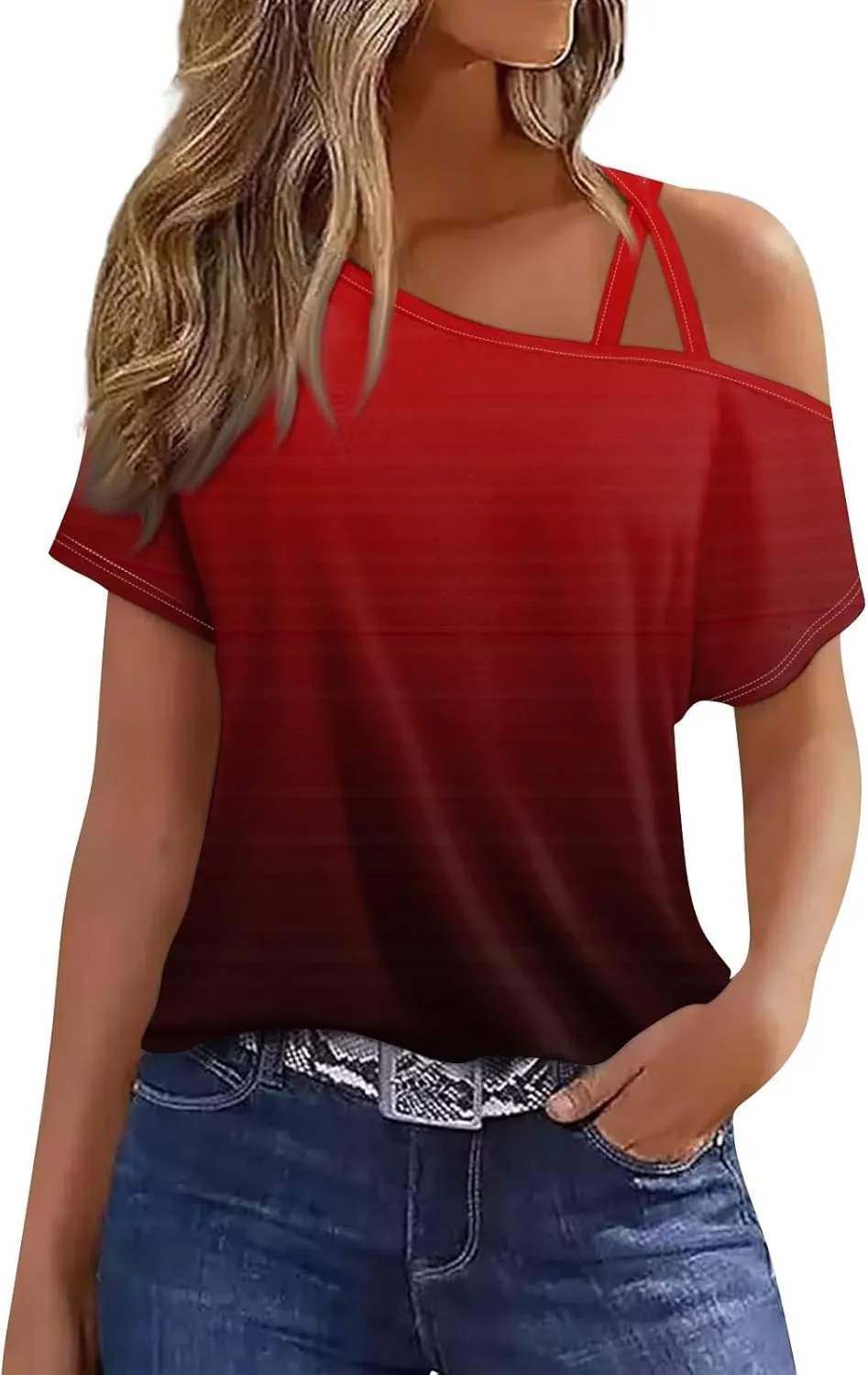 Generic 2024 Criss-Cross One Shoulder Tops Womens Sexy Cold Shoulder Shirts Casual Short Sleeve Tees Summer Vacation Blouses