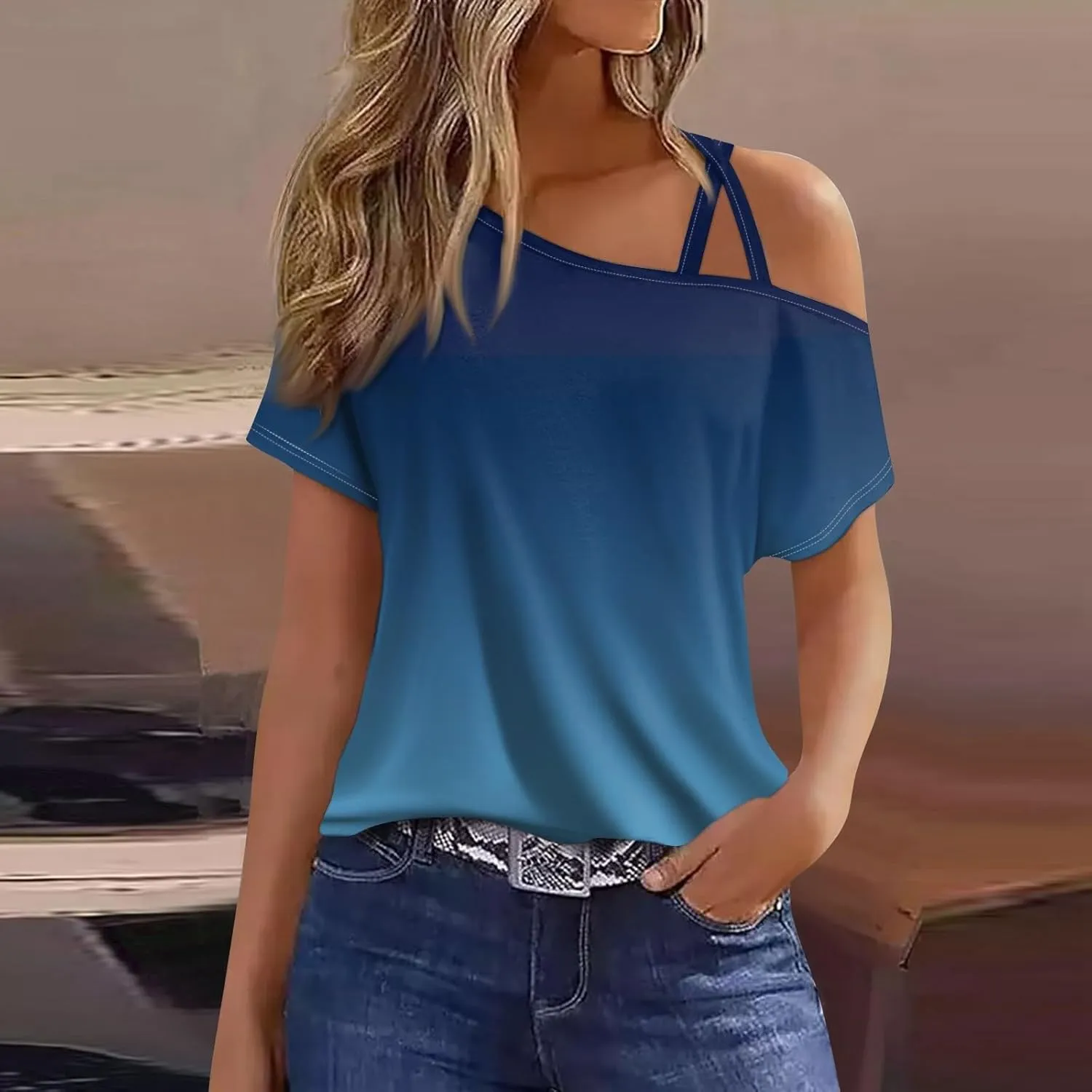 Generic 2024 Criss-Cross One Shoulder Tops Womens Sexy Cold Shoulder Shirts Casual Short Sleeve Tees Summer Vacation Blouses