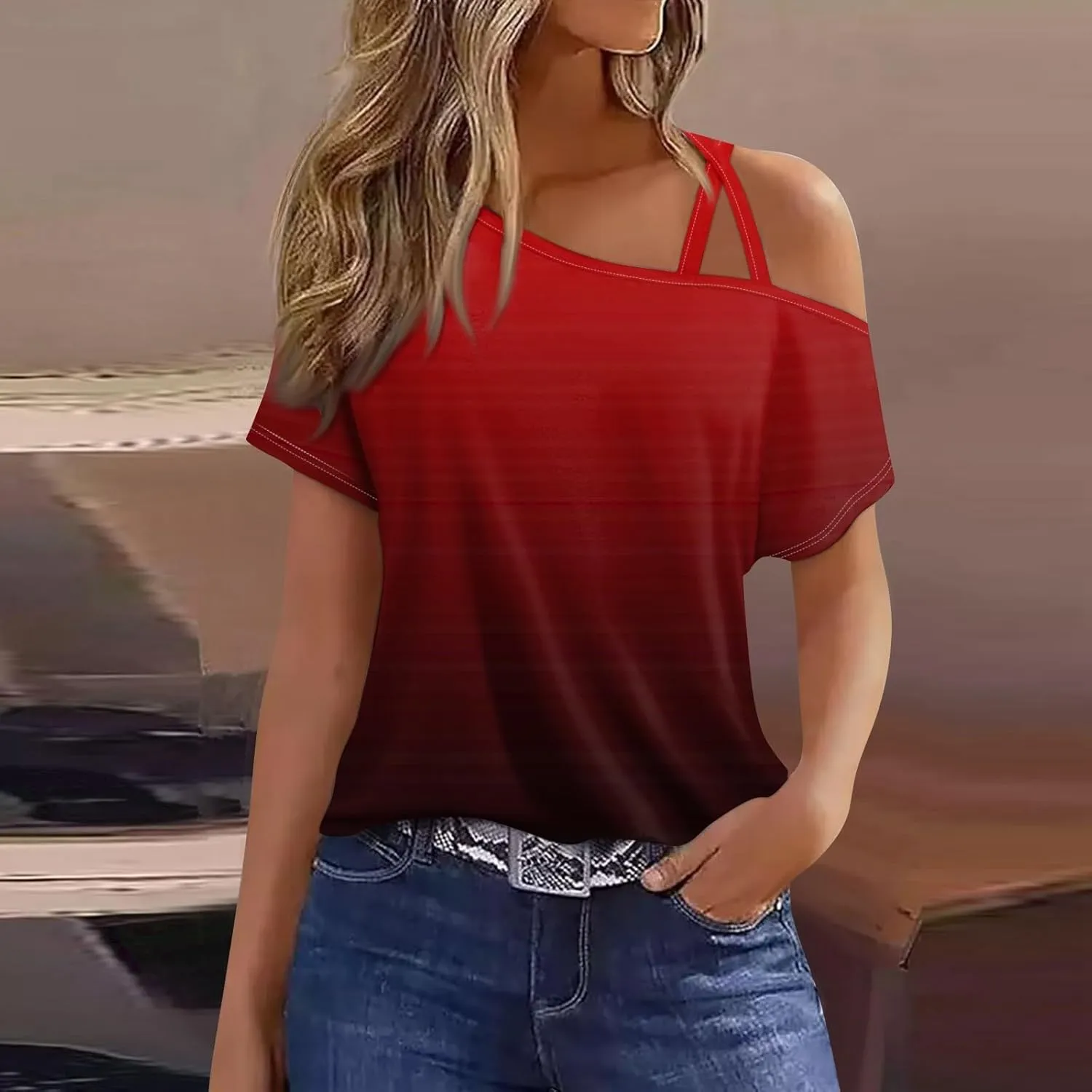 Generic 2024 Criss-Cross One Shoulder Tops Womens Sexy Cold Shoulder Shirts Casual Short Sleeve Tees Summer Vacation Blouses
