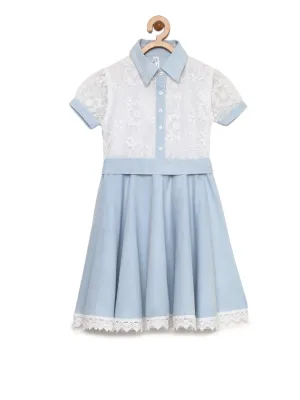Girls Denim & Lace Blue Bodice Dress With Belt