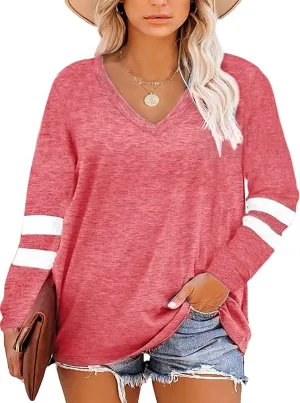 Gloria&Sarah Womens Plus Size Tops V Neck T Shirt Color Block Long Sleeve Casual Tunic Tops