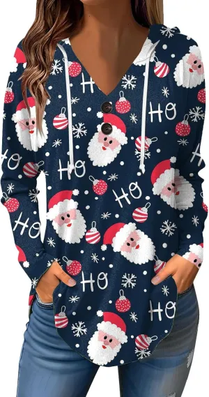 GOFULY Christmas Hoodie Womens Winter Oversized Button Shirt Drawstring Xmas Print Trendy Fall Tunic Tops Christmas Clothes