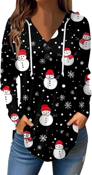 GOFULY Christmas Hoodie Womens Winter Oversized Button Shirt Drawstring Xmas Print Trendy Fall Tunic Tops Christmas Clothes