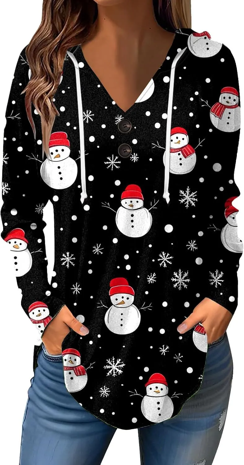 GOFULY Christmas Hoodie Womens Winter Oversized Button Shirt Drawstring Xmas Print Trendy Fall Tunic Tops Christmas Clothes