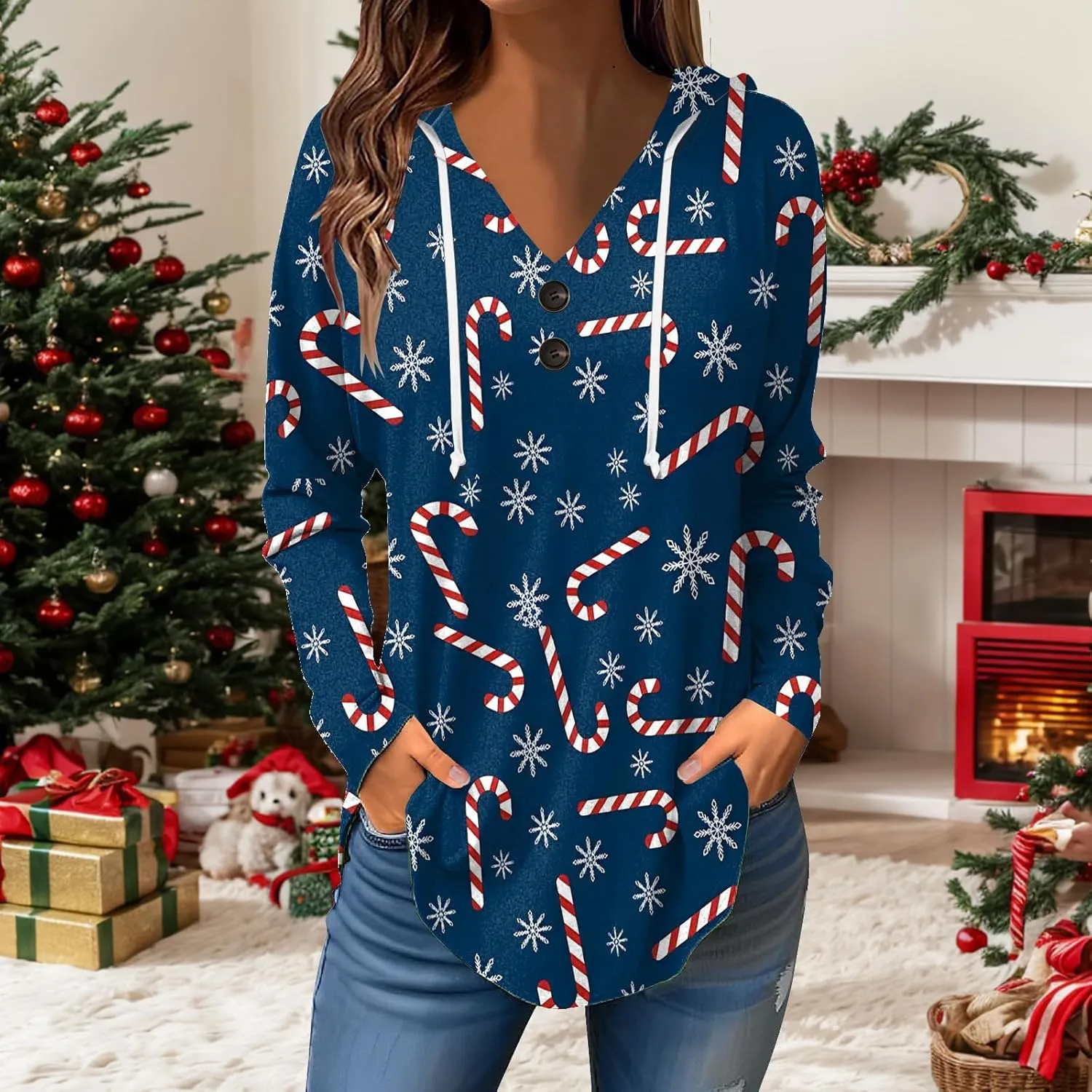 GOFULY Christmas Hoodie Womens Winter Oversized Button Shirt Drawstring Xmas Print Trendy Fall Tunic Tops Christmas Clothes