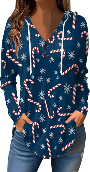 GOFULY Christmas Hoodie Womens Winter Oversized Button Shirt Drawstring Xmas Print Trendy Fall Tunic Tops Christmas Clothes