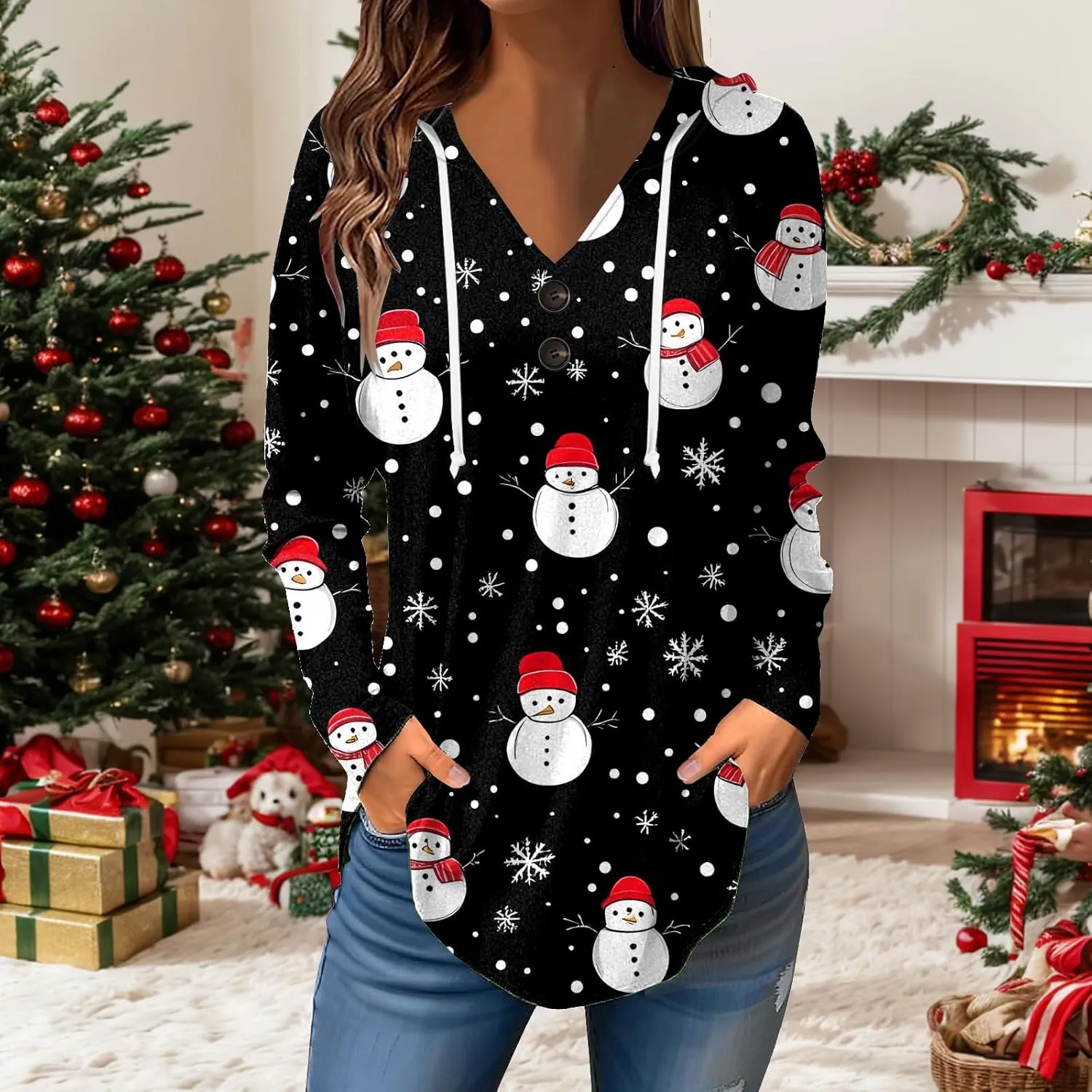 GOFULY Christmas Hoodie Womens Winter Oversized Button Shirt Drawstring Xmas Print Trendy Fall Tunic Tops Christmas Clothes