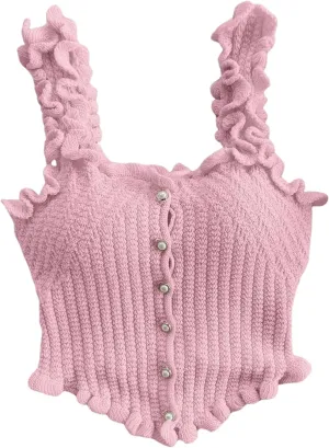 GORGLITTER Women's Pearl Knit Crop Tops Beaded Asymmetrical Button Down Sleeveless Sweater Tank Tops