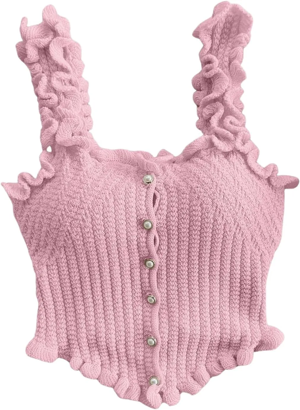 GORGLITTER Women's Pearl Knit Crop Tops Beaded Asymmetrical Button Down Sleeveless Sweater Tank Tops