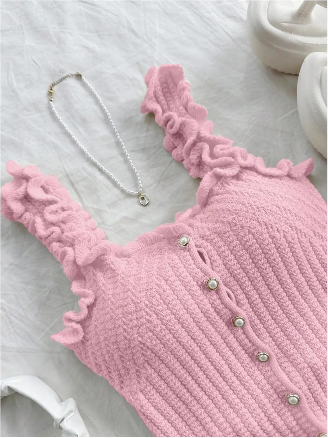 GORGLITTER Women's Pearl Knit Crop Tops Beaded Asymmetrical Button Down Sleeveless Sweater Tank Tops