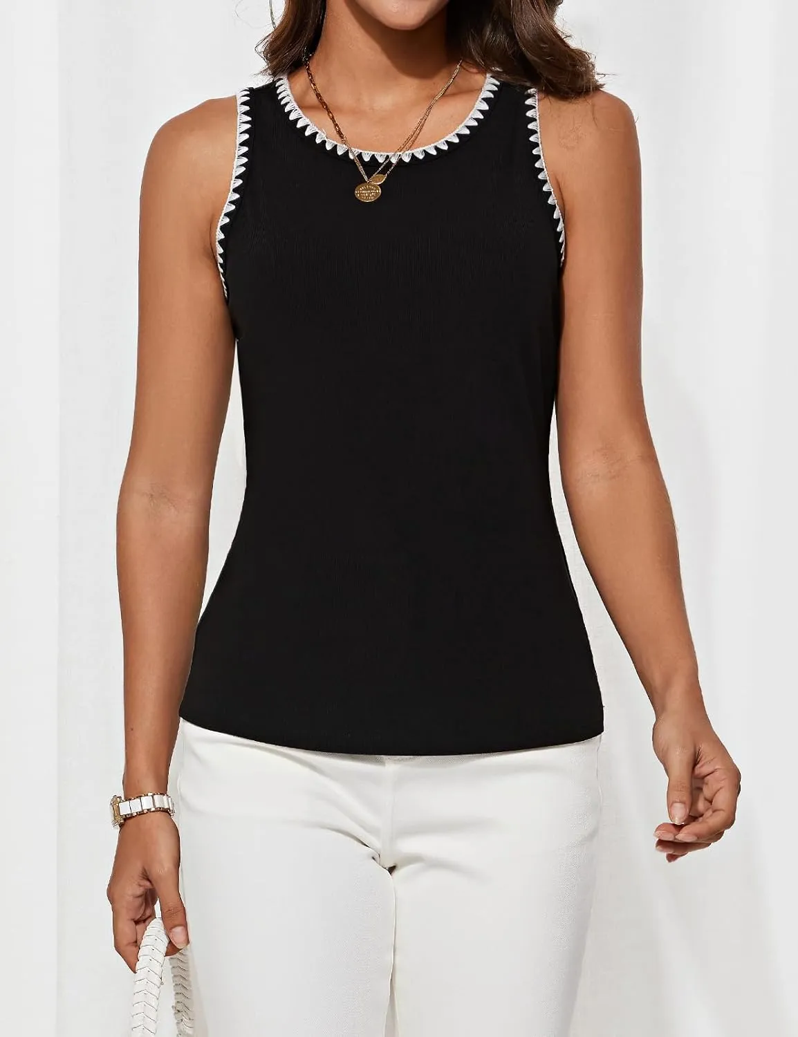 GRACE KARIN Tank Tops for Women Ribbed Crewneck Tank Summer Casual Basic Slim Fitted Shirt Contrast Color Blouses