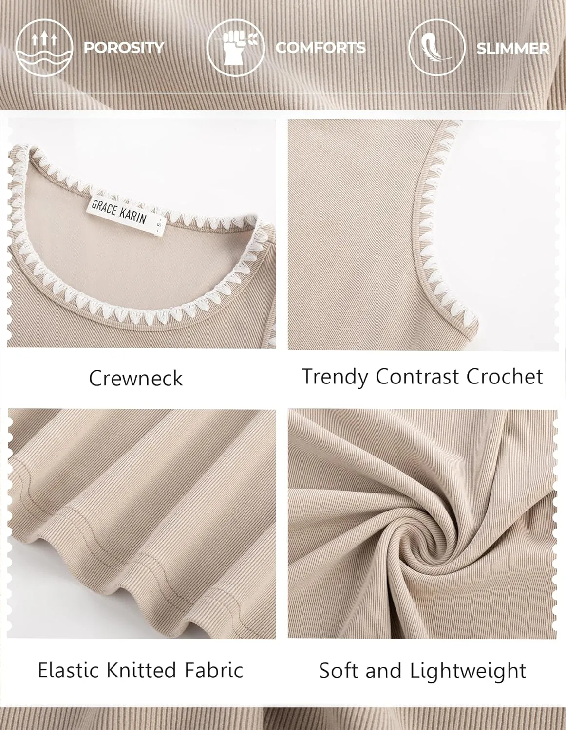 GRACE KARIN Tank Tops for Women Ribbed Crewneck Tank Summer Casual Basic Slim Fitted Shirt Contrast Color Blouses
