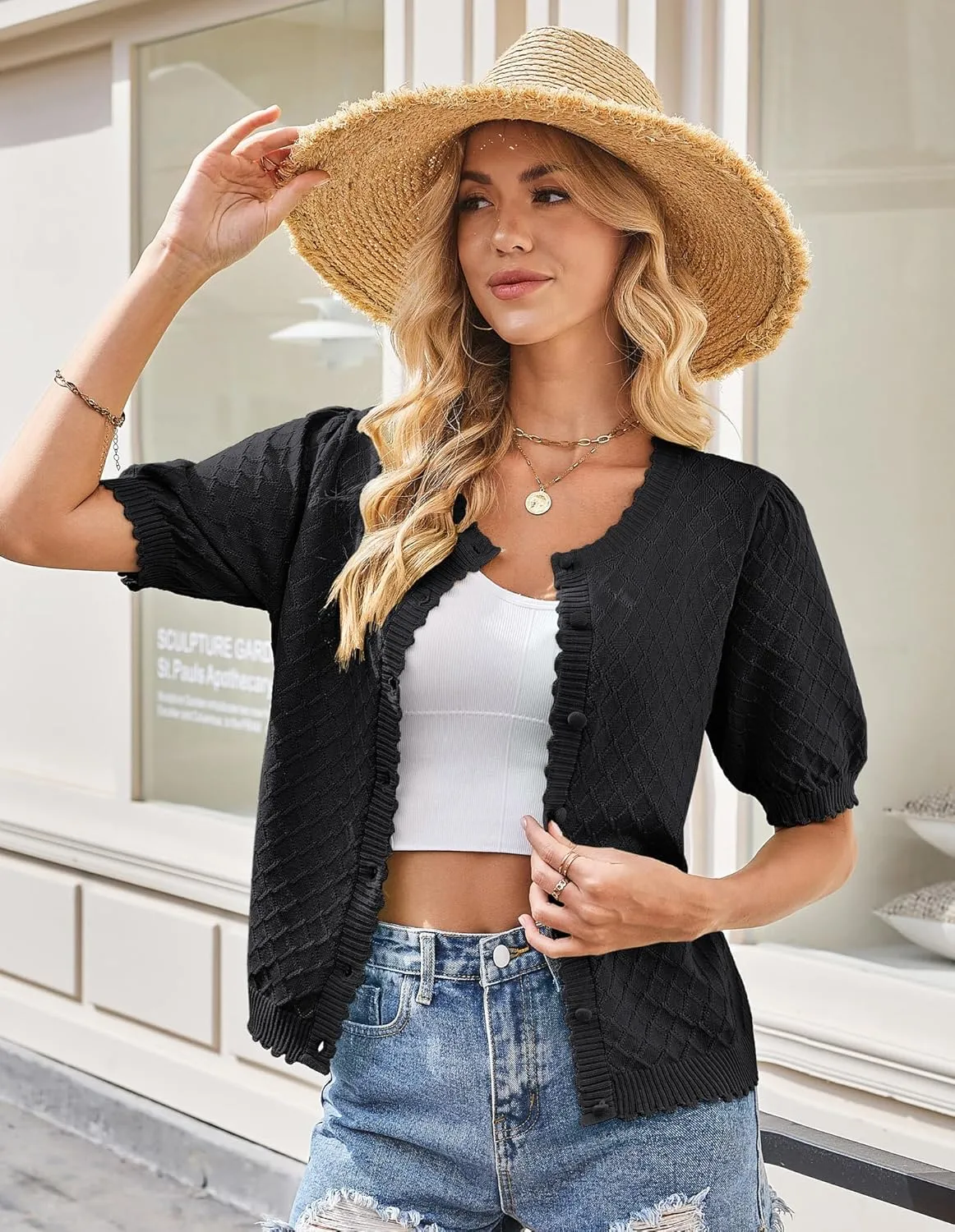 GRACE KARIN Women's Puff Short Sleeve Cardigan Tops 2025 Summer Lightweight Crew Neck Button Down Knit Sweater Blouses