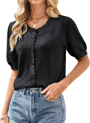 GRACE KARIN Women's Puff Short Sleeve Cardigan Tops 2025 Summer Lightweight Crew Neck Button Down Knit Sweater Blouses