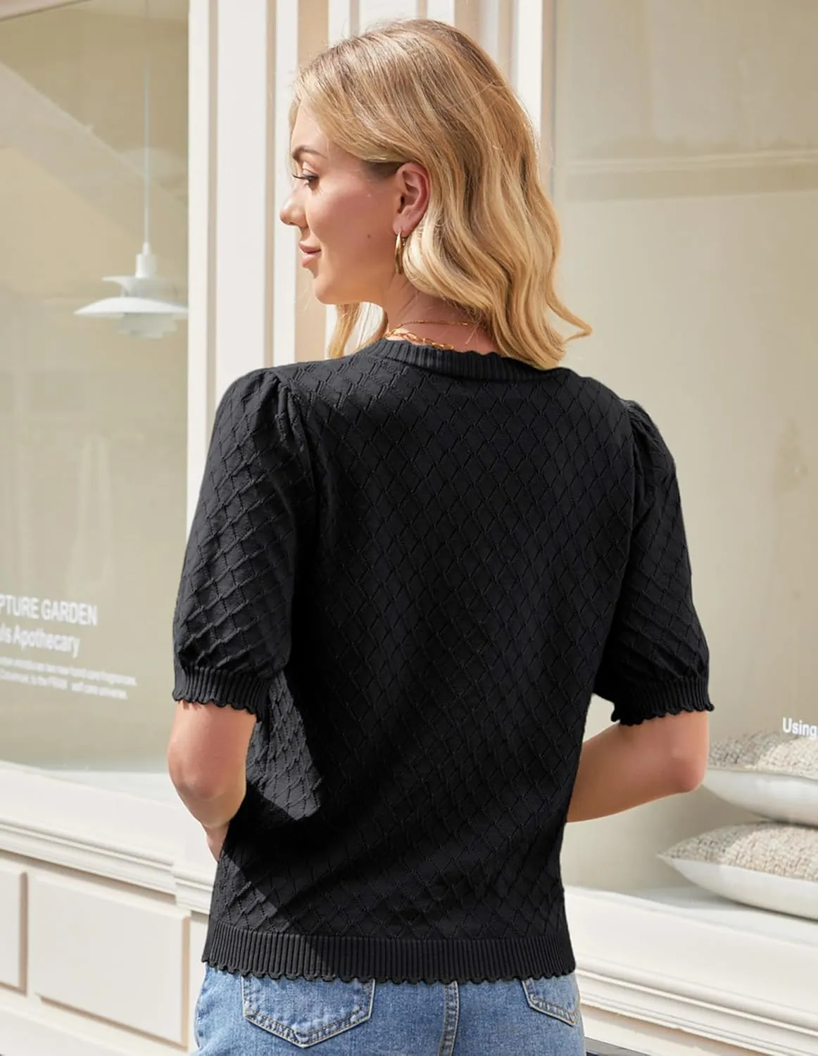 GRACE KARIN Women's Puff Short Sleeve Cardigan Tops 2025 Summer Lightweight Crew Neck Button Down Knit Sweater Blouses