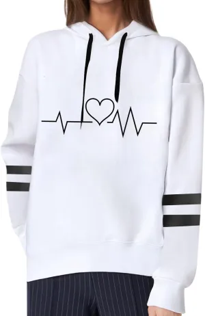 Graphic Hoodies for Women Cute Long Sleeve Valentines Heart Print Sweatshirts Comfy Hooded Pullover with Pockets