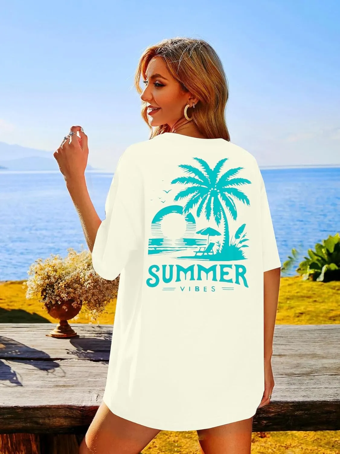 Graphic Tees Women Oversized T-Shirts: Summer Hawaiian Beach Tops Shirts Hawaii Tropical Beachy Short Sleeve Outfit