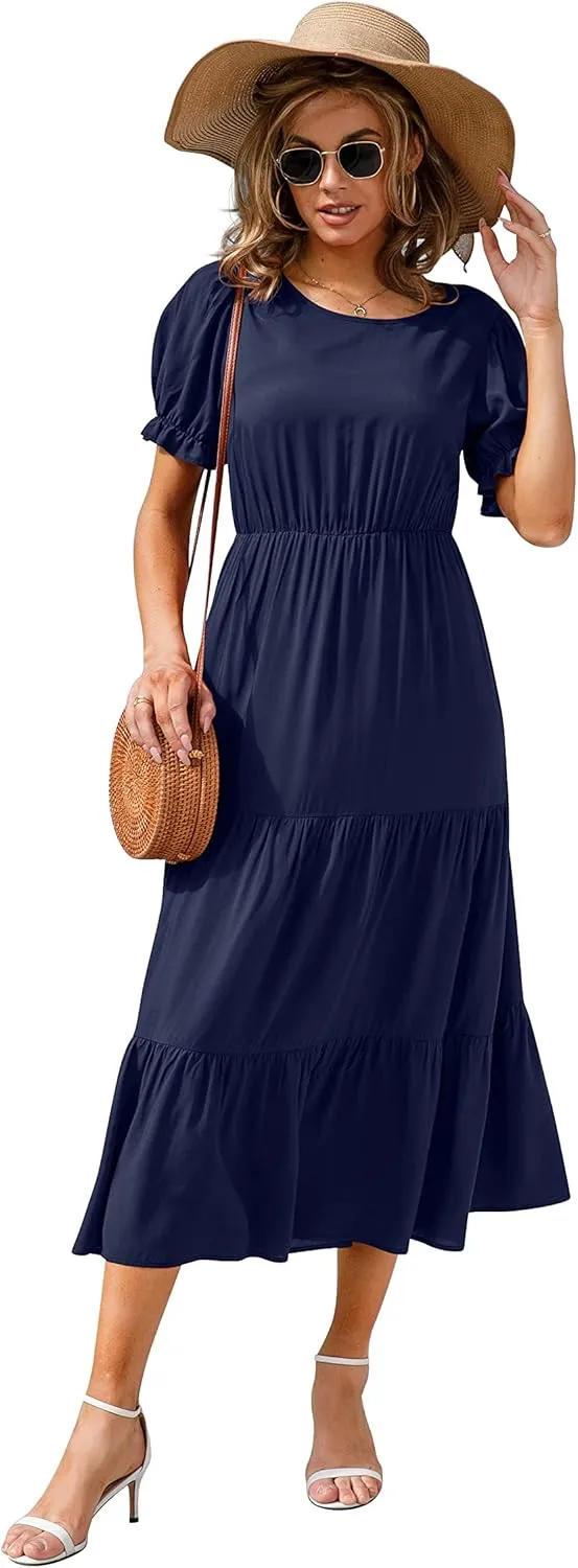 GRECERELLE Women's 2025 Spring Summer Casual Loose Round Neck Boho Dress Ruffle Puff Sleeve High Waist Midi Dress